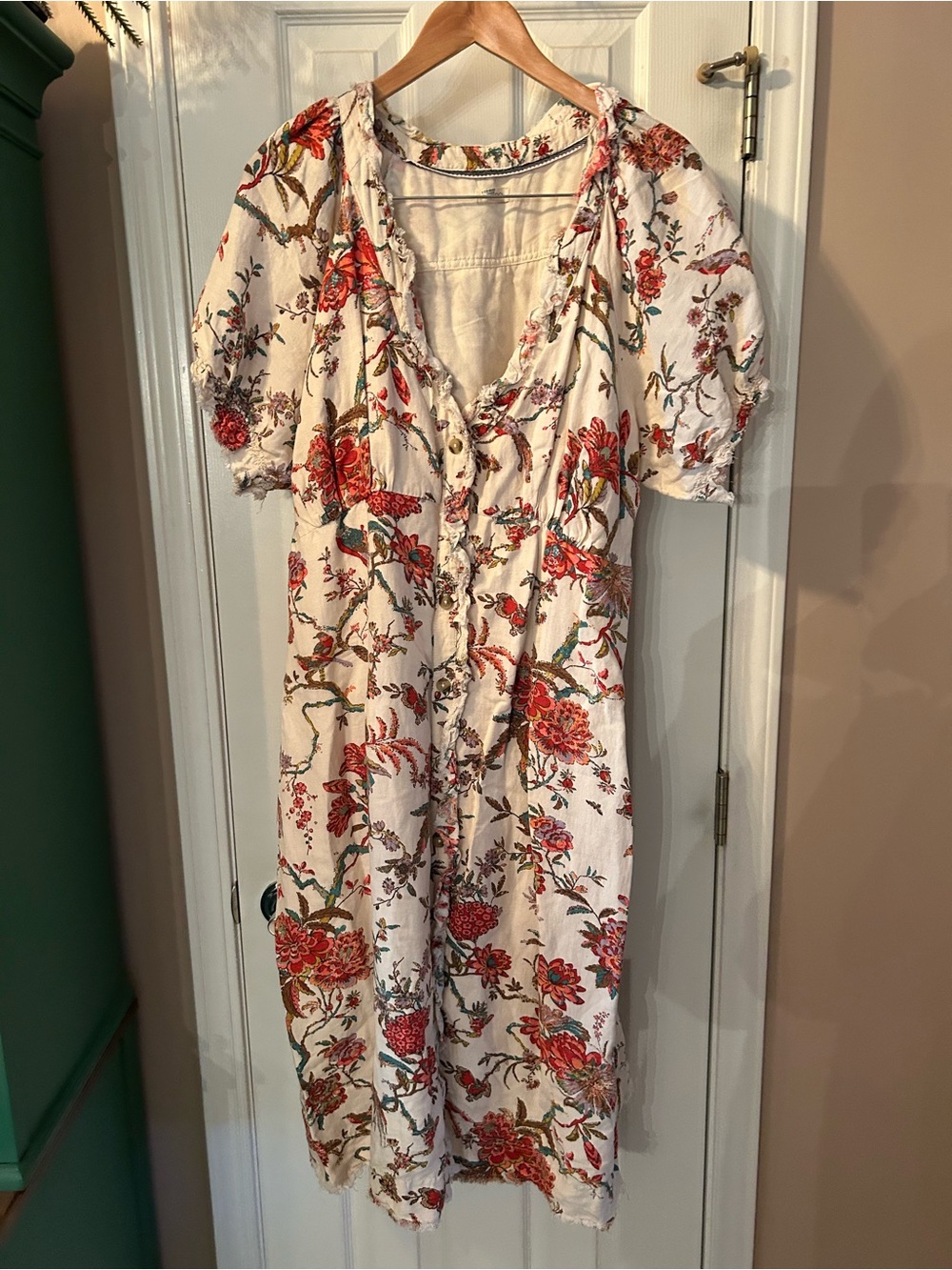 Floral Button-Front Midi Dress in Cream and Red- purchased on Nuuly